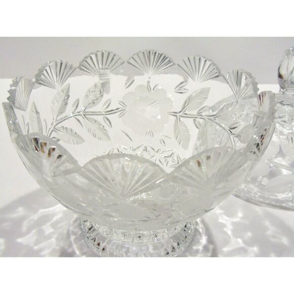 VTG Crystal CANDY DISH Box + Lid Rests Inside Fan Scalloped Edges Rose Cut Glass - Picture 2 of 6
